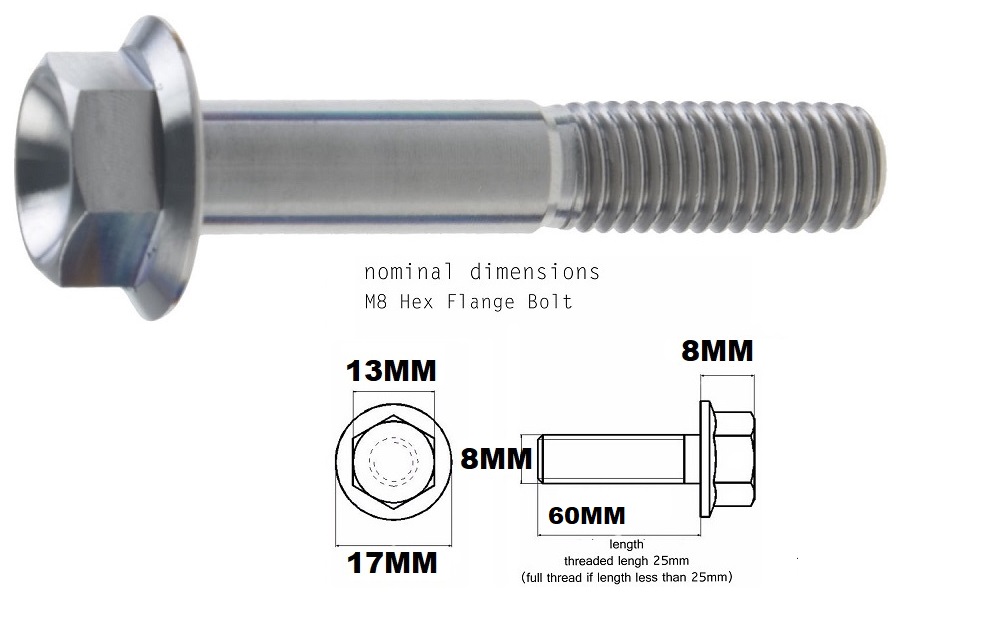 M8X60MM 1.25 THREAD PITCH TITANIUM FLANGE 13MM HEX BOLT GRADE 5